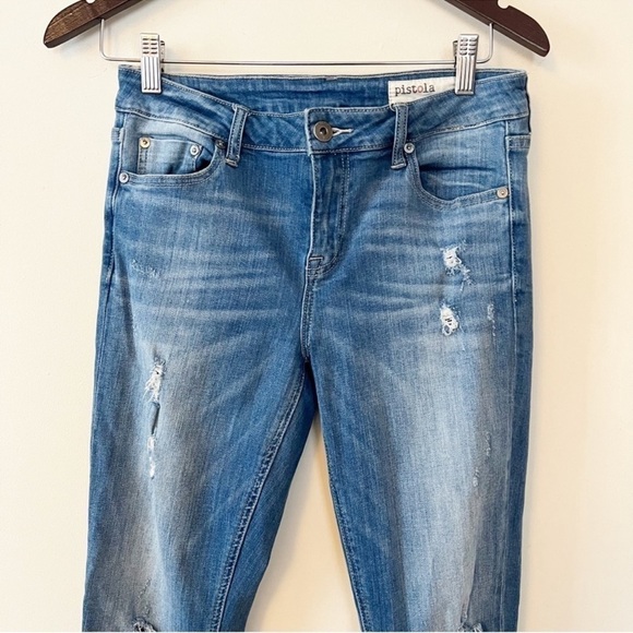 Pistola Medium Blue Distressed Ankle Zip Mid Rise Distressed Skinny Jeans Sz 27 - Picture 2 of 6